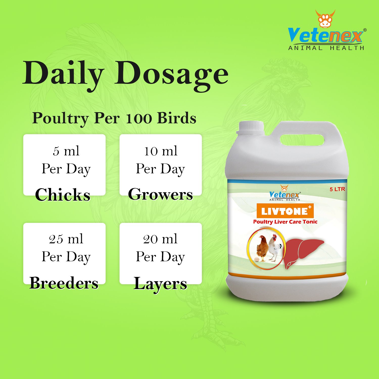 VETENEX Livtone Plus - Liver Tonic For Poultry, Birds & Chicken - (5 LTRX2) - Image 4