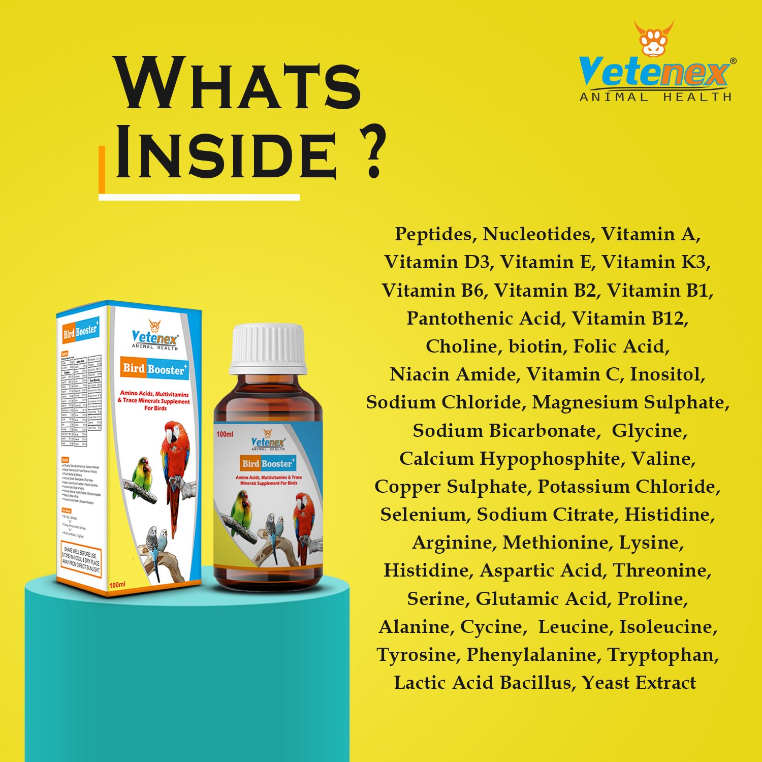 VETENEX Bird Booster Plus - Birds Immunity & Growth Booster With Essential Amino Acids, Multivitamins & Trace Minerals Supplement (100 ml x 2) Combo - Pack of 2 - Image 5