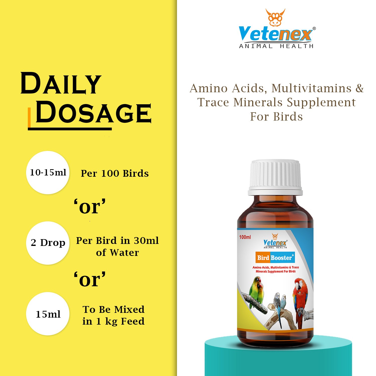 VETENEX Bird Booster Plus - Birds Immunity & Growth Booster With Essential Amino Acids, Multivitamins & Trace Minerals Supplement (100 ml x 2) Combo - Pack of 2 - Image 6