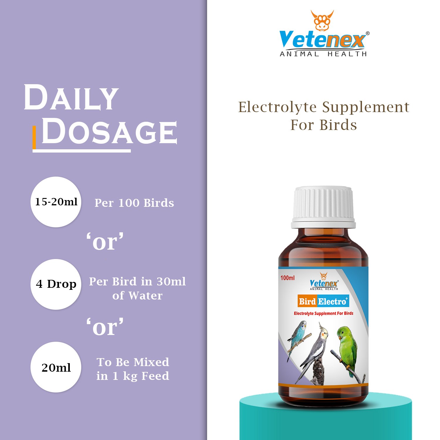 VETENEX Bird Electro Plus - Birds Electrolyte Supplement For Dehydration, Heat Stress & Loose Motion (100 ml x 2) Combo - Pack of 2 - Image 6