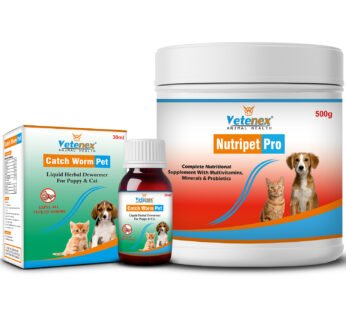 VETENEX Dog Supplement Growth Booster Powder + Herbal Dewormer For Puppy and Cats – Combo Pack of 2