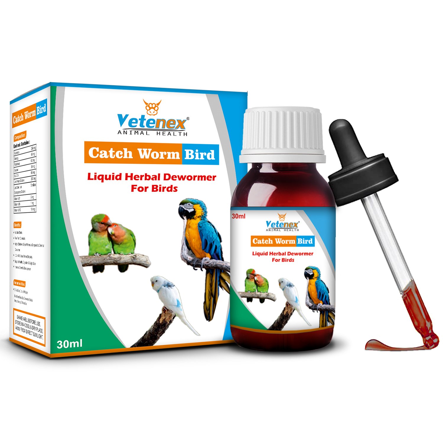 VETENEX Catch Worm Bird - Liquid Herbal Dewormer For Birds - 30 ml