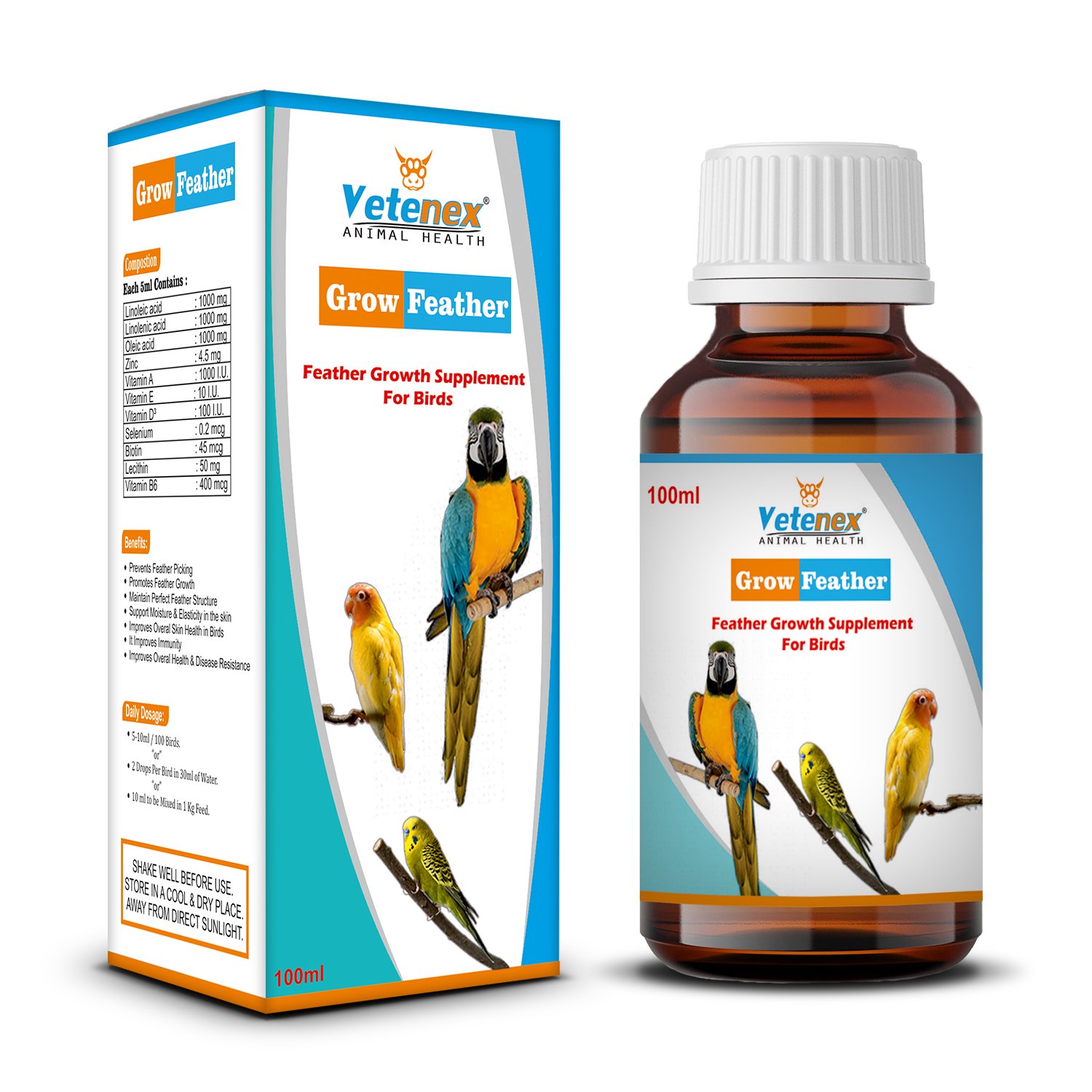 VETENEX Grow Feather - Birds Feather Growth Supplement - 100 ml