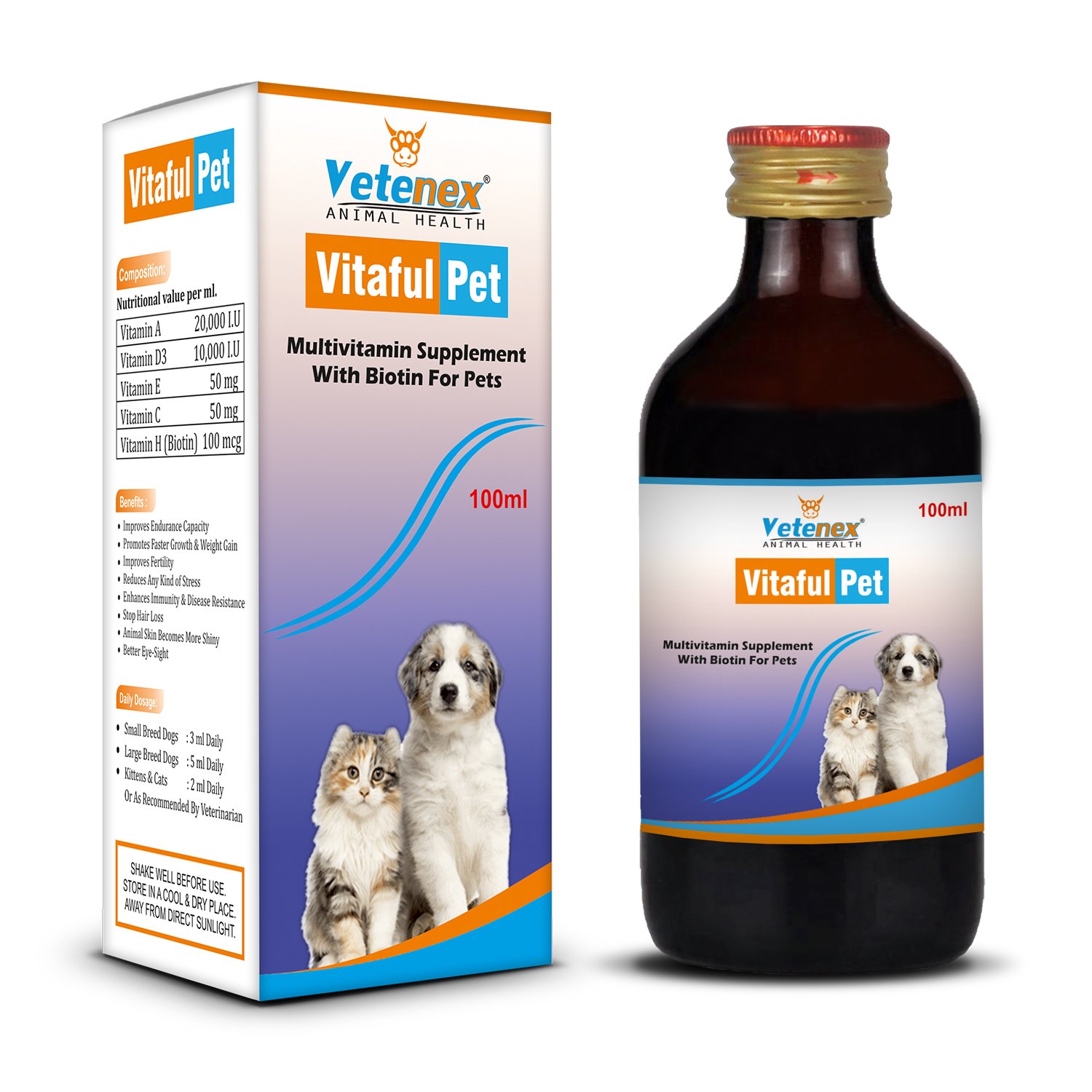 VETENEX Vitaful Pet - Multivitamin Supplement Syrup with Biotin, Vitamin D3, Vitamin E, Vitamin C, Vitamin A | Builds Immunity, Growth & Appetite for Dogs, Puppy and Cats - 100 ML