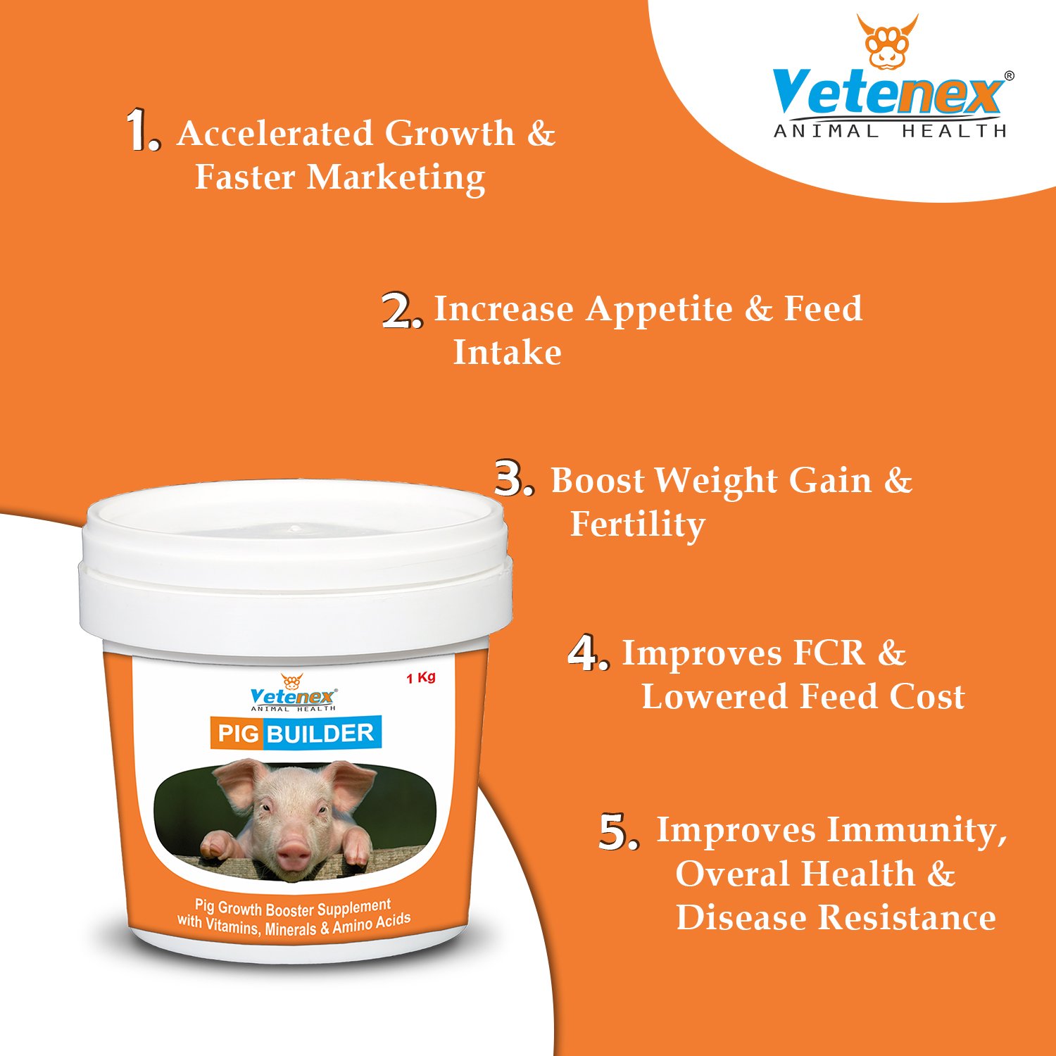 VETENEX Pig Builder - Advanced Growth Booster Supplement with Multivitamins, Minerals & Amino Acids for Pigs, Swine, Piglets & Piggery - 1 Kg - Image 2